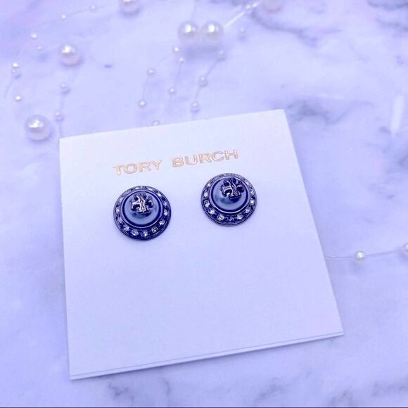 NWOT  Tory Burch Gun Metal Zircon Stud Earrings - Picture 4 of 5